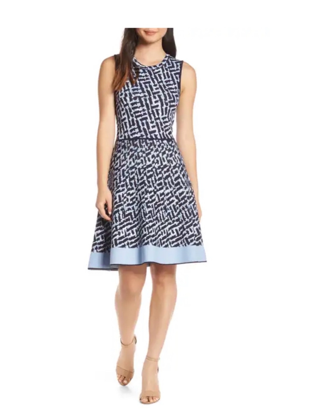 Eliza J Navy and Light Blue Patterned Sleeveless Sweater Dress